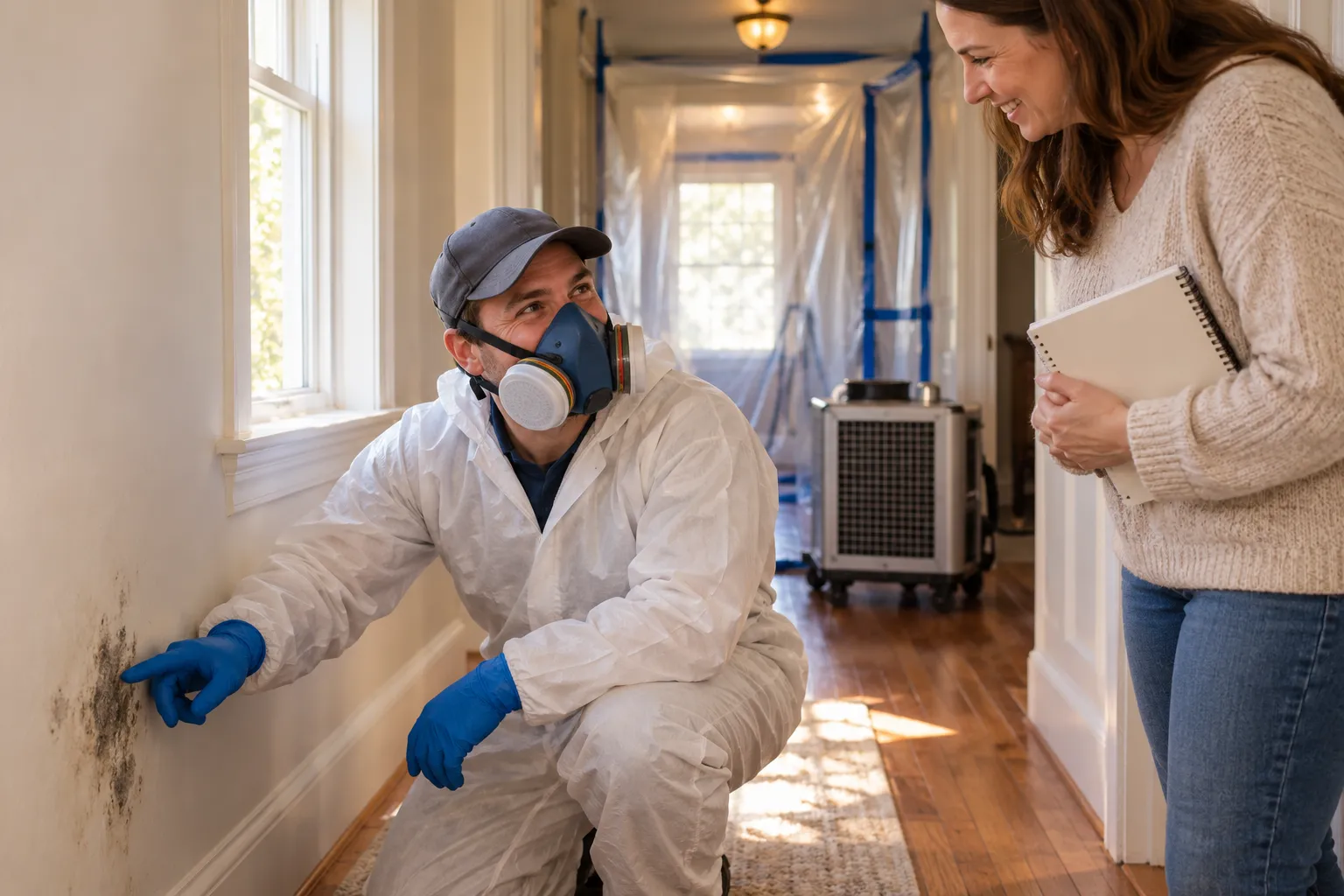 Friendly local provider showing a homeowner a small dark patch on a wall in a home in Sugar Hill