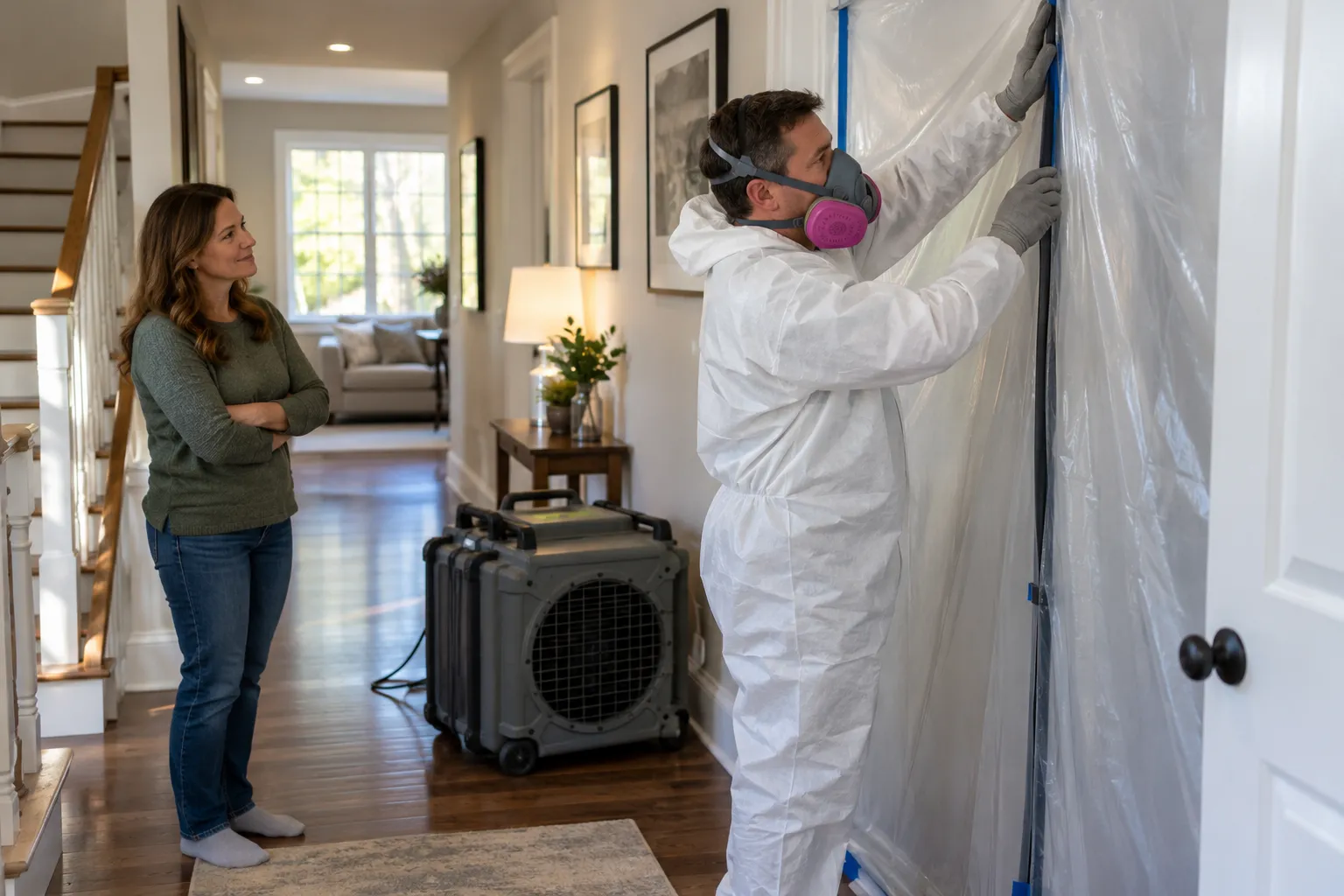 Mold remediation provider setting up containment in a Sugar Hill home
